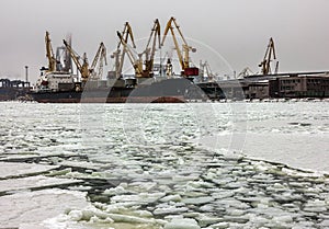 Panorama of frozen sea port in winter, Odessa, Ukraine