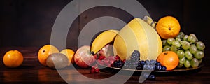 Panorama, Fruit bowl of fresh raw organic sorts on wooden table