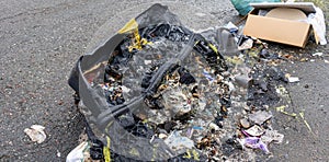 panorama garbage can after a fire, vandalism