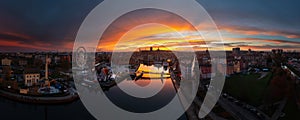 Panorama of Gdansk city over the Motlawa river at sunset. Poland