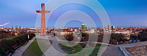 Panorama of the Gdansk shipyard at sunset.