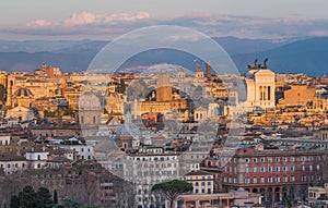 Panorama from the Gianicolo Terrace with the Altare della Patria, in Rome, Italy.