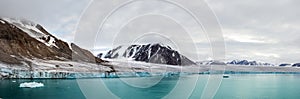 Panorama of a glacier and mountains in Ellesmere Island, part of the Qikiqtaaluk Region in the Canadian territory of