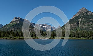 Panorama of Glacier National Park`s Goat Haunt from Upper Waterton Lake