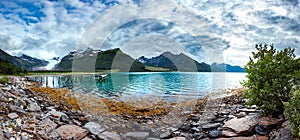 Panorama Glacier on the viewing platform. Svartisen Glacier in N photo