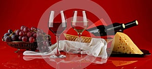 Panorama with glasses of wine, cheese and grapes on a red background