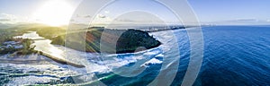 Panorama of Gold Coast coastline at sunset.