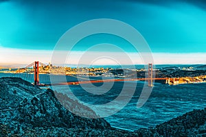 Panorama of the Gold Gate Bridge and the other side of the bay. San Francisco