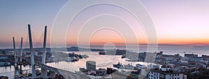 Panorama of Golden bridge and Golden Horn bay at sunset, Vladivostok