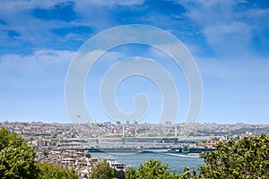 Panorama of the Golden Horn, on the Bosphorus strait in Istanbul, Turkey, with the bridges of Galata and Halic. These are major