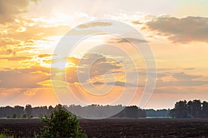 Panorama of Golden hour orange sky with clouds and the yellow sun shining nature background sunrise or sunset scene