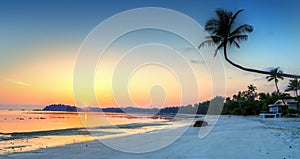 Panorama of Golden Tropical Beach Sunrise on Bintan Island, Indonesia