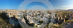 Panorama of Goreme city in Cappadocia, Turkey.