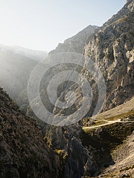 Panorama of gorge valley canyon hiking trail path route Senda del Cares in Picos de Europa mountains Leon Asturias Spain photo