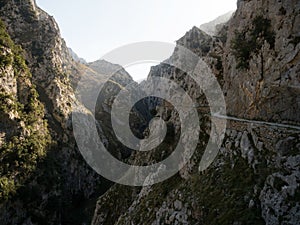 Panorama of gorge valley canyon hiking trail path route Senda del Cares in Picos de Europa mountains Leon Asturias Spain photo