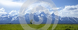 Panorama of Grand Teton mountain range in Wyoming