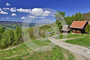 Panorama of grassland and forest in Beskid Sadecki mountains