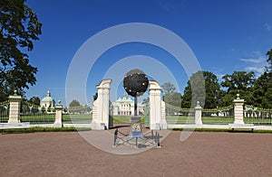 Panorama of the Great Menshikov Palace with a monument to Alexander Danilovich Menshikov, the founder of the estate `Oranienbaum