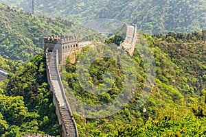 Panorama of Great Wall of China among the green hills and mountains near Beijing, China