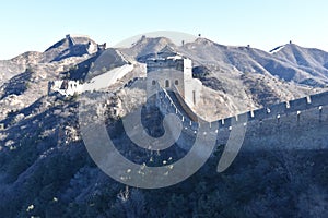 Panorama of the Great Wall in Jinshanling in winter near Beijing in China