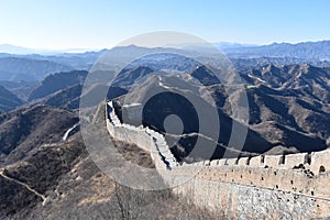 Panorama of the Great Wall in Jinshanling in winter near Beijing in China