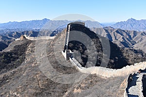 Panorama of the Great Wall in Jinshanling in winter near Beijing in China