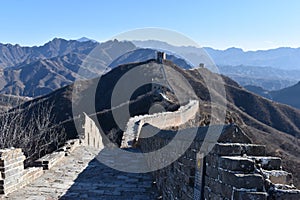 Panorama of the Great Wall in Jinshanling in winter near Beijing in China