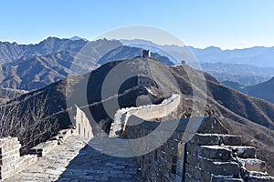 Panorama of the Great Wall in Jinshanling in winter near Beijing in China