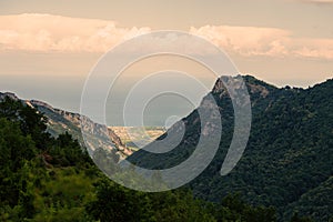 Panorama of the Greek city of Katerini at sunset. Katerini Greece. View from the mountain on the Katerini.