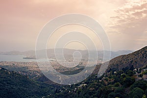 Panorama of the Greek city of Volos at sunset. Volos Greece. View from the mountain on the Volos