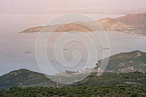 Panorama of the Greek city of Volos at sunset. Volos Greece. View from the mountain on the Volos