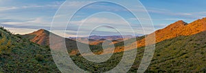 Panorama of a green desert valley with lush vegetation and a partly cloudy blue evening sky in the Sonoran