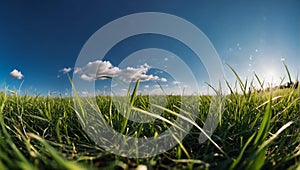 Panorama of green grass on clear blue sky with some clouds, typical of nature in spring