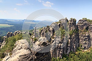 Panorama with Group of rocks Schrammsteine seen from viewing point in Saxon Switzerland