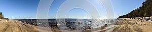 Panorama of the Gulf of Finland, sandy beach with stones and pine trees