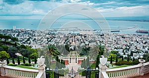 Panorama of Haifa - port and Bahai gardern, Israel