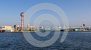 Panorama of Hakata Port and lattice Port Tower from Seaside in Fukuoka, Japan, Asia