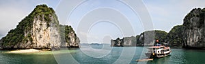 Panorama of Halong bay beaches and boats, Quang Ninh Province, Vietnam