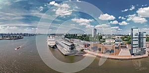 Panorama of Hamburg near the fish market in the best weather with a cruise ship at the cruise terminal