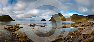 Panorama of Haukland beach on Lofoten islands in Norway