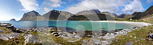 Panorama of Haukland and Vik Beach at Vestvagoy Island, Lofoten, Nordland, Norway