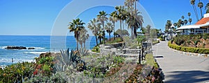 Panorama of Heisler Park walkway, Laguna Beach, California.