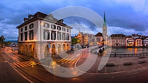 Panorama of Helmhaus and Fraumunster Church in the Morning, Zurich, Switzerland photo