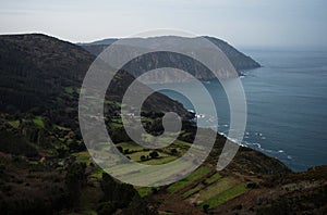 Panorama of high atlantic ocean sea cliff coast landscape at Vixia Herbeira Carino A Coruna Costa Artabra Galicia Spain