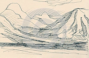 Panorama of high mountains near river