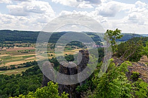 Panorama of hills and rocks seen from mountain Walberla in Franconian Switzerland, Germany