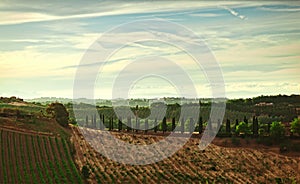 Panorama of the hills of San Gimignano, Tuscany in Italy.