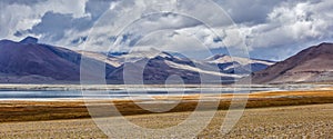 Panorama of Himalayan lake Tso Kar in Himalayas, Ladakh, India