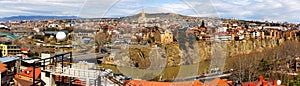 Panorama of historic center of Tbilisi on Mtkvari River in spring