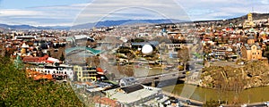 Panorama of historic center of Tbilisi on Mtkvari River in spring